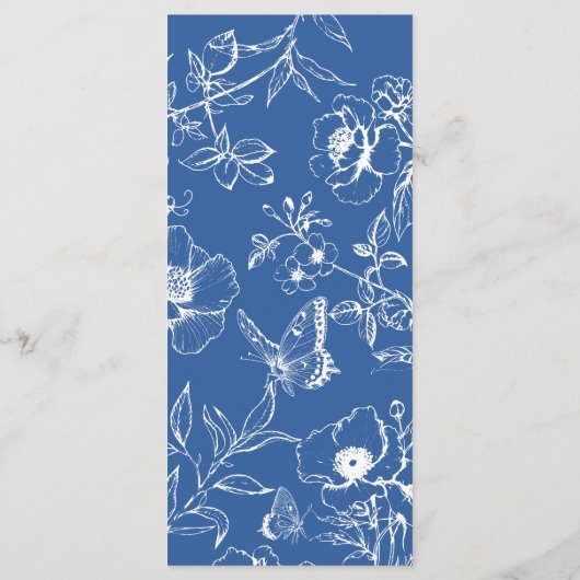 Elegantes Royal Blue Floral Garden Wedding Flat Me Menükarte (Rückseite)