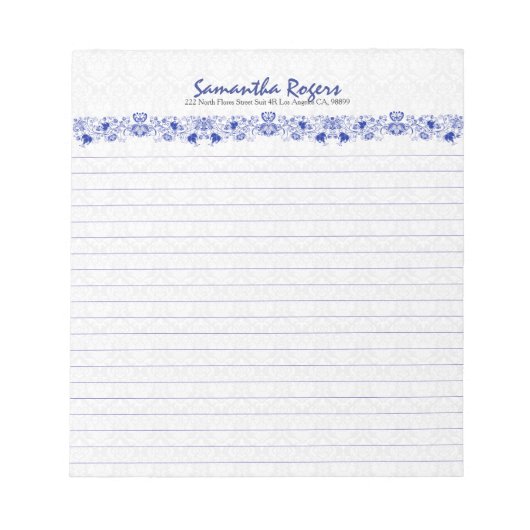 Elegantes Royal Blue Floral Lace und weiße Damasku Notizblock (Vorderseite)