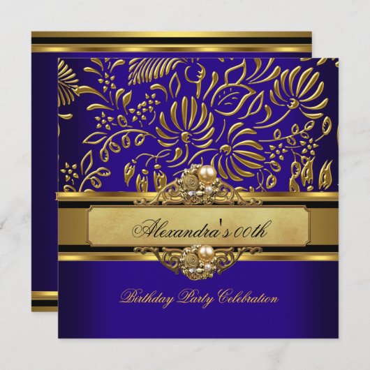 Elegantes Royal Blue Gold Damask Pearl Party Einladung (Vorne/Hinten)