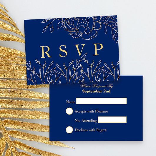 Elegantes Royal Blue mit goldgezeichneten Blume RSVP Karte