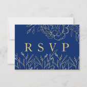 Elegantes Royal Blue mit goldgezeichneten Blume RSVP Karte (Vorderseite)