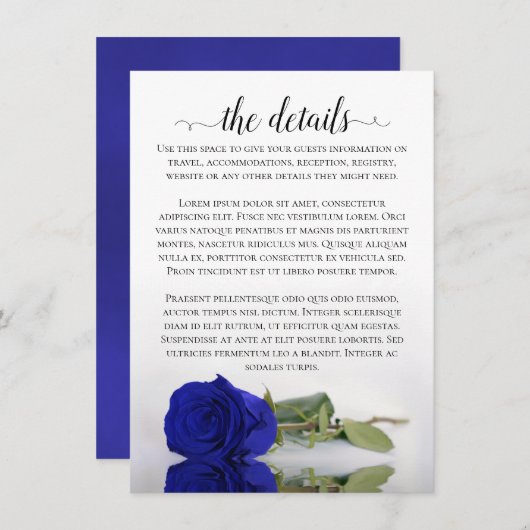 Elegantes Royal Blue Reflating Rose Wedding Detail Begleitkarte (Vorne/Hinten)