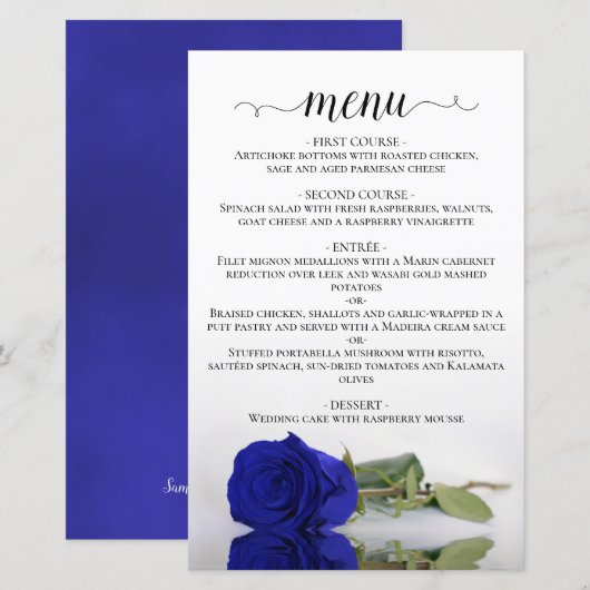 Elegantes Royal Blue Rose Budget Wedding Menu (Vorne/Hinten)