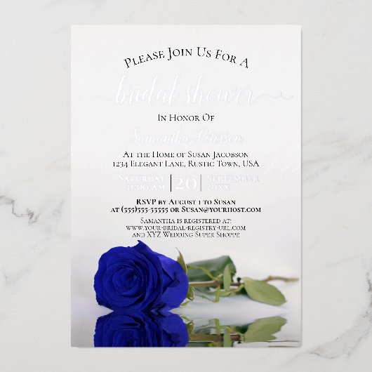 Elegantes Royal Blue Rose & Silver Brautparty Folieneinladung (Vorderseite)