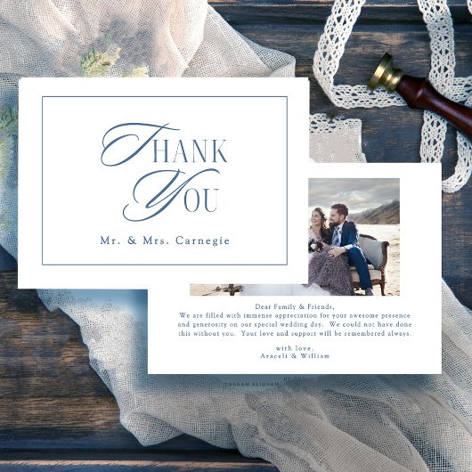 Elegantes Royal Blue Script Wedding Foto Dankeskarte