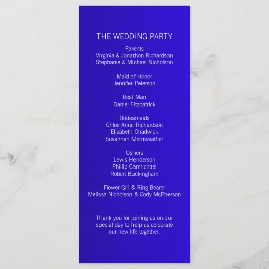 Elegantes Royal Blue Wedding Programm (Rückseite)