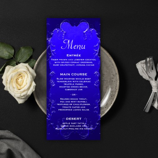 Elegantes Royal Blue Wedding Reception Menu Menükarte