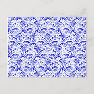 Elegantes Royal Blue White Lace Damask Muster Postkarte