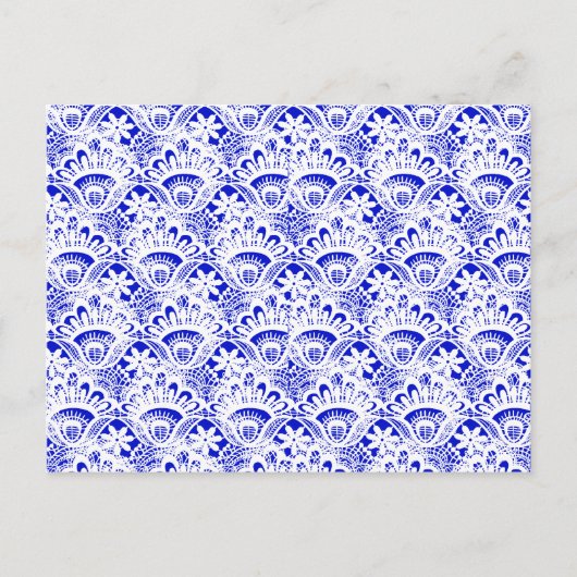 Elegantes Royal Blue White Lace Damask Muster Postkarte (Vorderseite)
