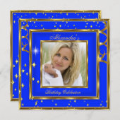 Elegantes Royal Cobalt Blue Gold Foto Geburtstag Einladung (Vorne/Hinten)