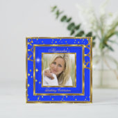 Elegantes Royal Cobalt Blue Gold Foto Geburtstag Einladung (Stehend Vorderseite)