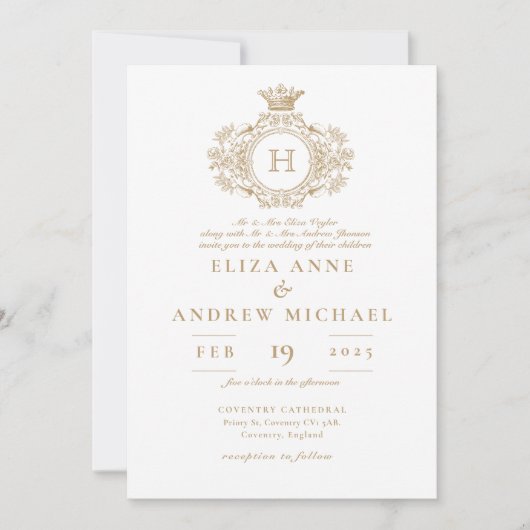 Elegantes Royal Gold Monogram Wappen Wedding Einladung (Vorderseite)