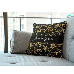 Elegantes Royal-Schwarz und Gold Damast-Wurfkissen Kissen