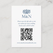 Elegantes RSVP Hochzeitsmonogramm QR Code Blau Wei Begleitkarte (Vorderseite)