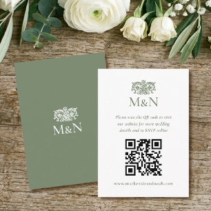Elegantes RSVP Hochzeitsmonogramm QR Code Grün Begleitkarte