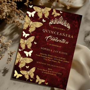 Elegantes Rubinrotes Gold Schmetterling Quinceaner Folieneinladung