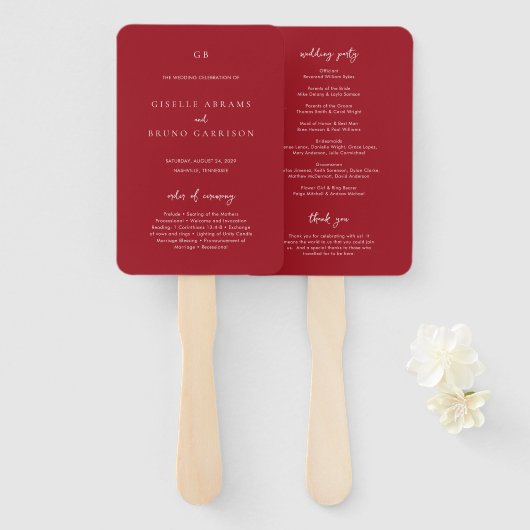 Elegantes Rubintotes Modernes Hochzeitsprogramm Fächer (Vorne und Hinten)