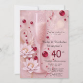 Elegantes Ruby- & Champagnerglas 40. Hochzeitstag Einladung (Vorderseite)