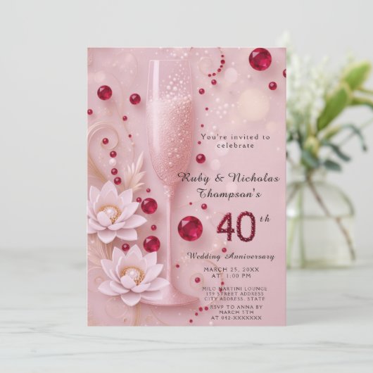 Elegantes Ruby- & Champagnerglas 40. Hochzeitstag Einladung (Stehend Vorderseite)