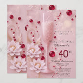 Elegantes Ruby- & Champagnerglas 40. Hochzeitstag Einladung (Vorne/Hinten)