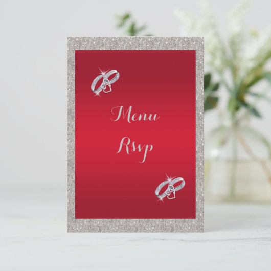 Elegantes Ruby Red, Funkelnd Silver Ring Wedding M RSVP Karte (Stehend Vorderseite)