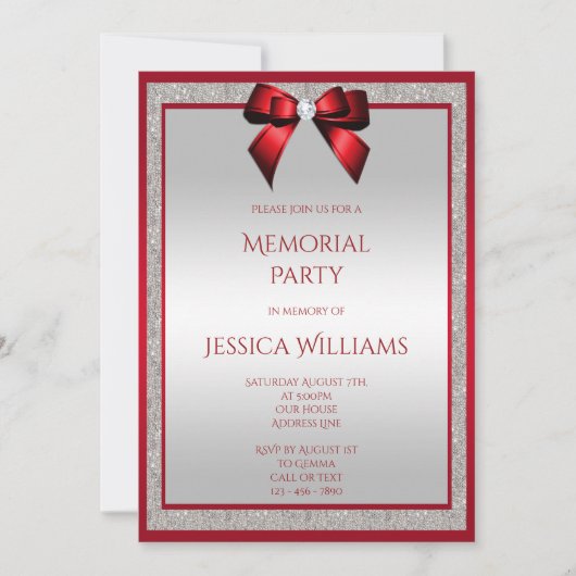 Elegantes Ruby Red Silver Glitzer Memorial Party Einladung (Vorderseite)