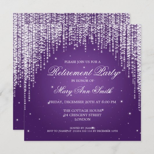 Elegantes Ruhestand Party Night Dazzle Lila Einladung (Vorne/Hinten)