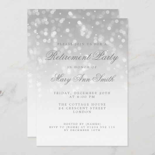 Elegantes Ruhestand Party Silver Sparkle Lights Einladung (Vorne/Hinten)