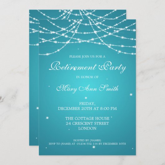 Elegantes Ruhestand Party Stars Türkis Einladung (Vorne/Hinten)