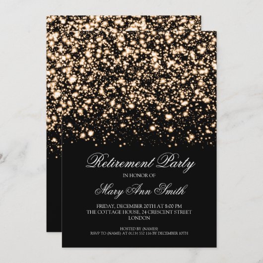 Elegantes Ruhestands-Party-Goldmitternachtszauber Einladung (Vorne/Hinten)