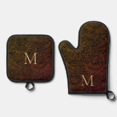Elegantes Rust Orange Gold Floral Script Monogram Ofenhandschuh & Topflappen-Set (Vorderseite)