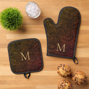 Elegantes Rust Orange Gold Floral Script Monogram Ofenhandschuh & Topflappen-Set