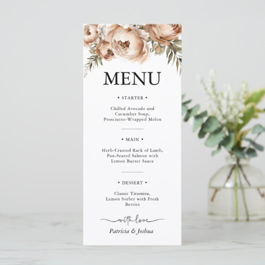 Elegantes Rustic Boho Wedding Menu Menükarte (Stehend Vorderseite)