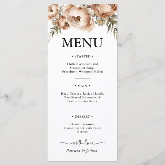 Elegantes Rustic Boho Wedding Menu Menükarte (Vorderseite)
