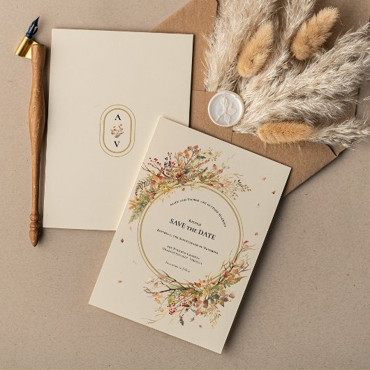 Elegantes Rustic Fall Beige Wedding Monogram Save The Date