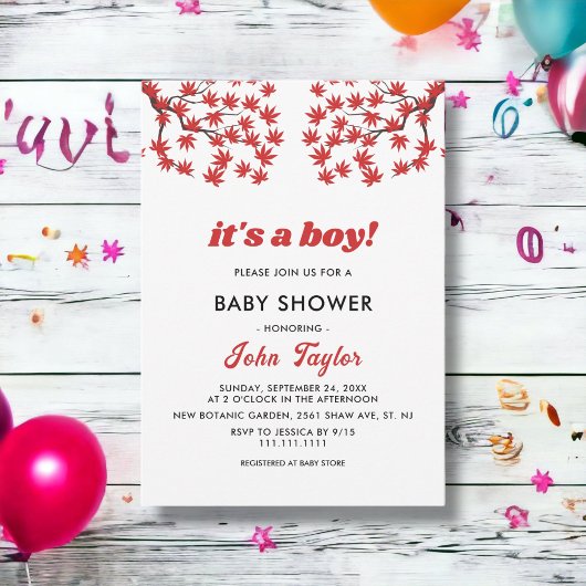 Elegantes Rustic Fall Red Blätter Boho Baby Shower Einladung