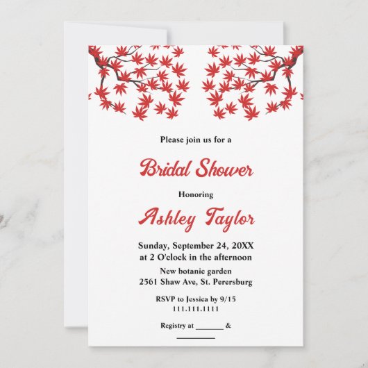 Elegantes Rustic Fall Red Blätter Boho Brautparty Einladung (Vorderseite)