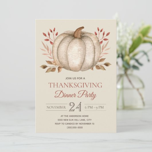 Elegantes Rustic Pumpkin Erntedank Dinner Party Einladung (Stehend Vorderseite)