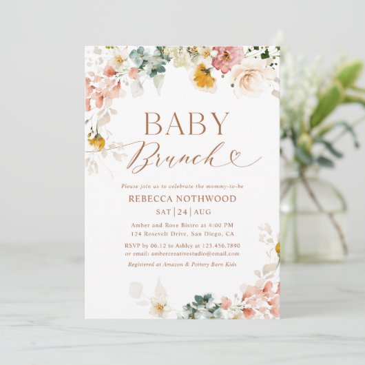 Elegantes Rustikales Baby Brunch Einladung (Stehend Vorderseite)