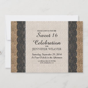 Elegantes Rustikales Black Lace und Jute Design Einladung
