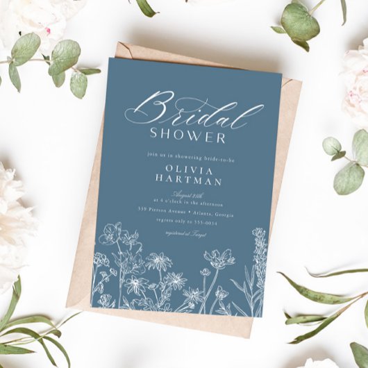 Elegantes rustikales Dusty Blue Wildblume Brautpar Einladung