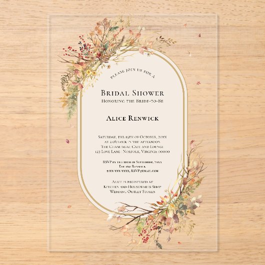 Elegantes Rustikales Fall Beige Brautparty Acryleinladungen (Vorderseite)