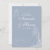 Elegantes rustikales, handgezogenes Paar Dusty Blu Save The Date (Vorderseite)