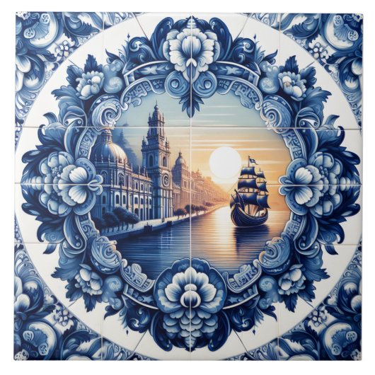 Elegantes Rustikales Indigo Blaues Azulejo Tile De Fliese (Vorderseite)