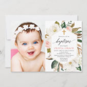 Elegantes rustikales Laubmädchen-Taufe-Foto Einladung (Vorderseite)