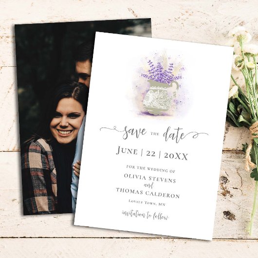 Elegantes rustikales Lavendel-Spitzen-Foto Save The Date