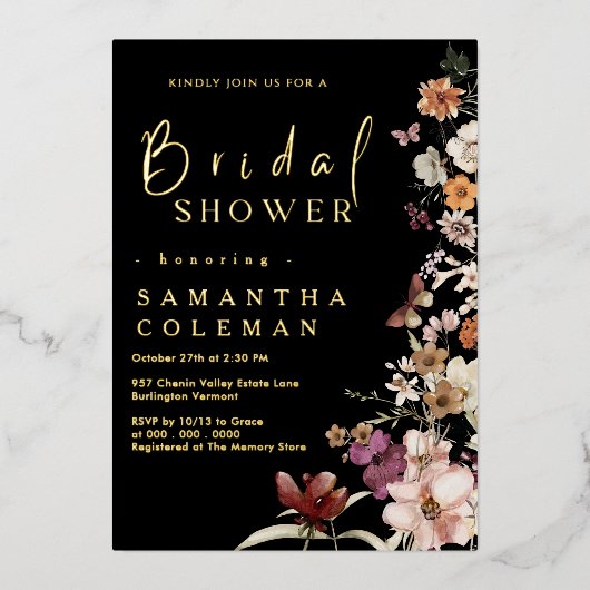 Elegantes Rustikales Schwarzes Wildblume Boho Brau Folieneinladung (Vorderseite)