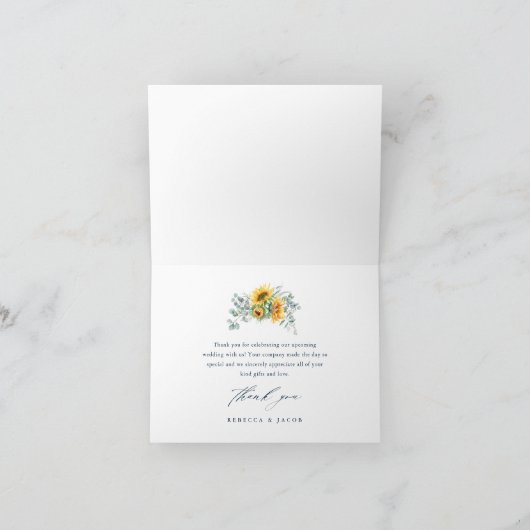 Elegantes rustikales Sonnenblumen-Brautparty Dankeskarte (Innenseite)