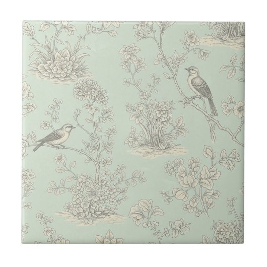 Elegantes Sage Bird Botanisches Toile-Muster Fliese (Vorderseite)
