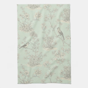 Elegantes Sage Bird Botanisches Toile-Muster Geschirrtuch